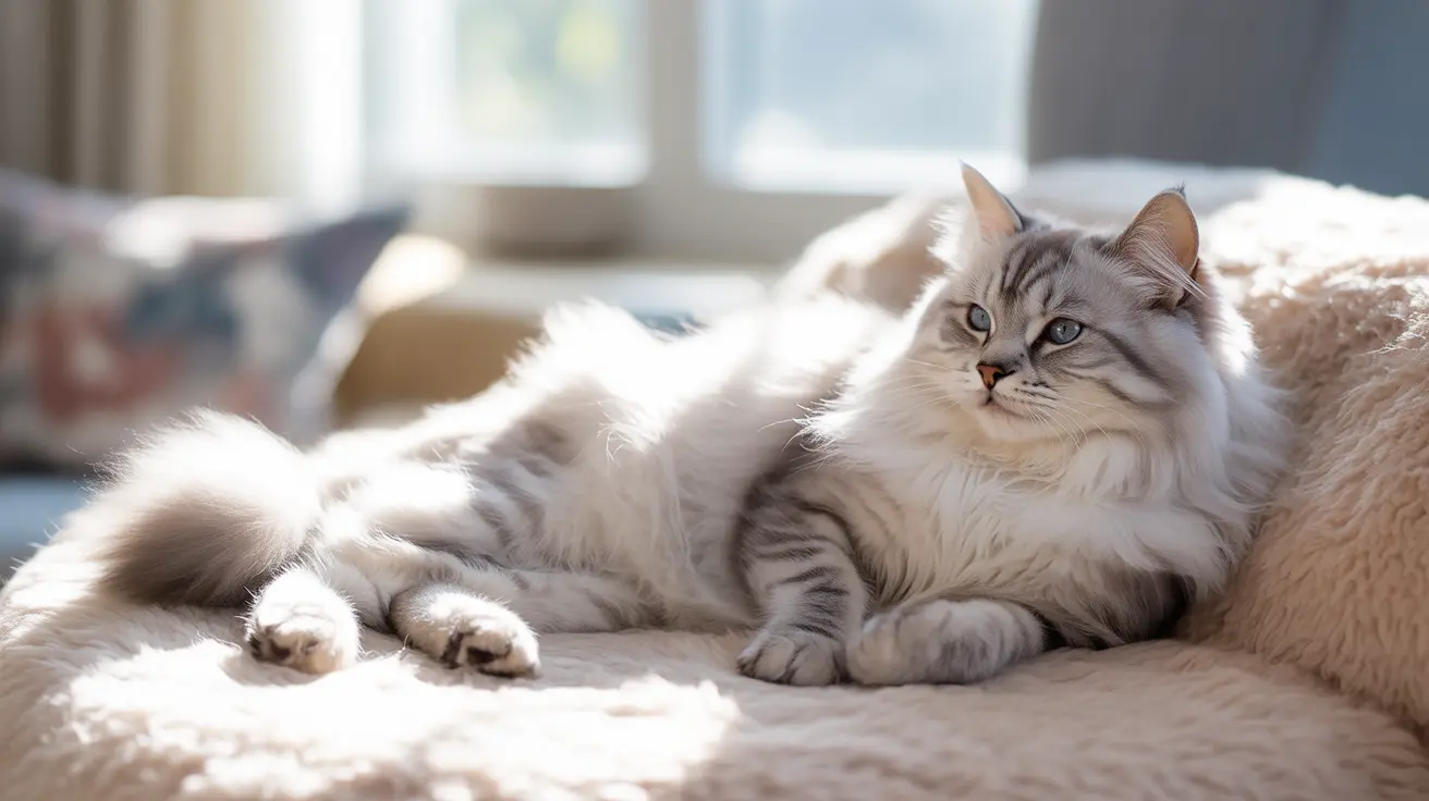 A fluffy white and grey Siberian cat lounging on a soft blanket near a bright window