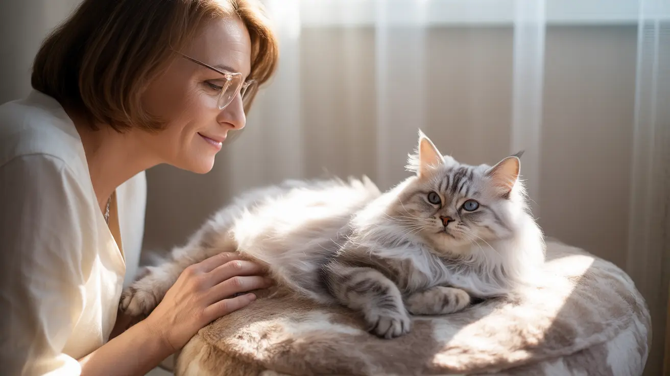 A fluffy Siberian cat resting on a cushion while being gently petted