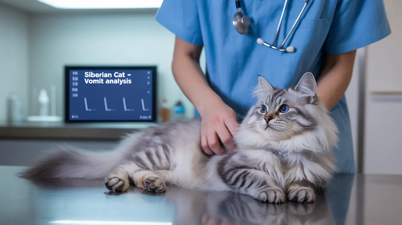 A fluffy Siberian Cat receiving veterinary examination for potential vomiting issue