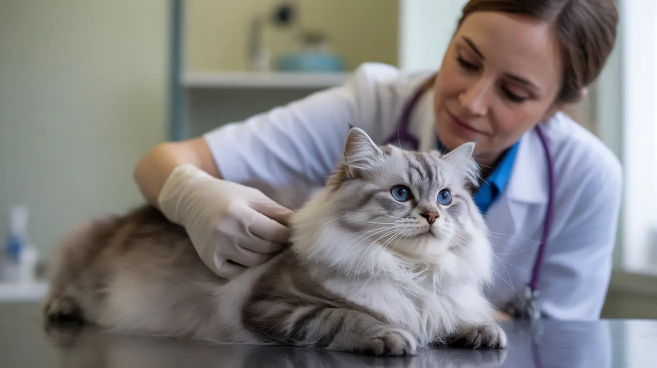 A fluffy white and gray Siberian cat receiving a veterinary examination