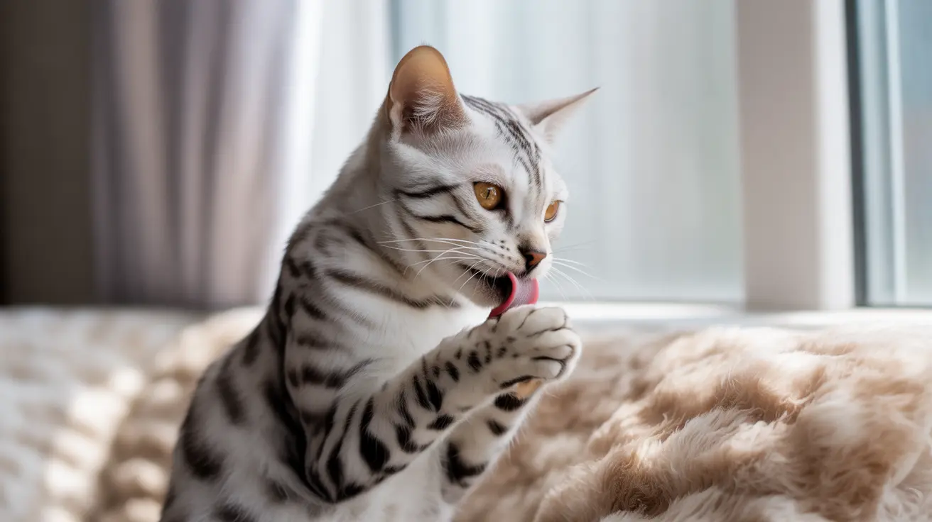 Silver Bengal cat grooming near window with soft light