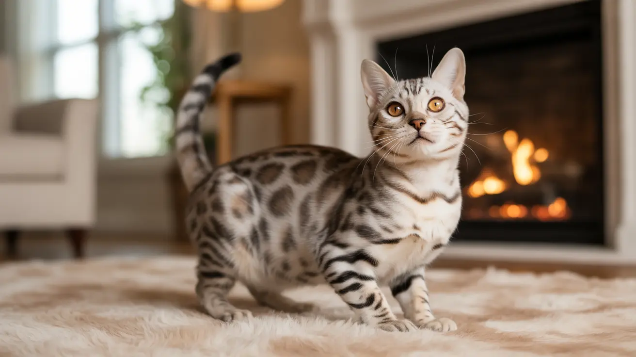 A silver Bengal cat sitting alertly on a soft rug in front of a warm fireplace