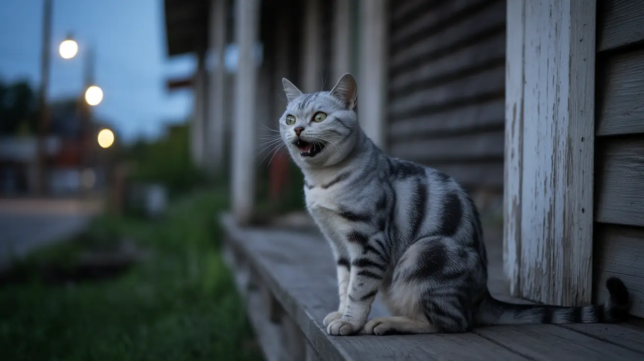 A silver tabby cat sitting on a wooden porch at dusk, meowing with its mouth open