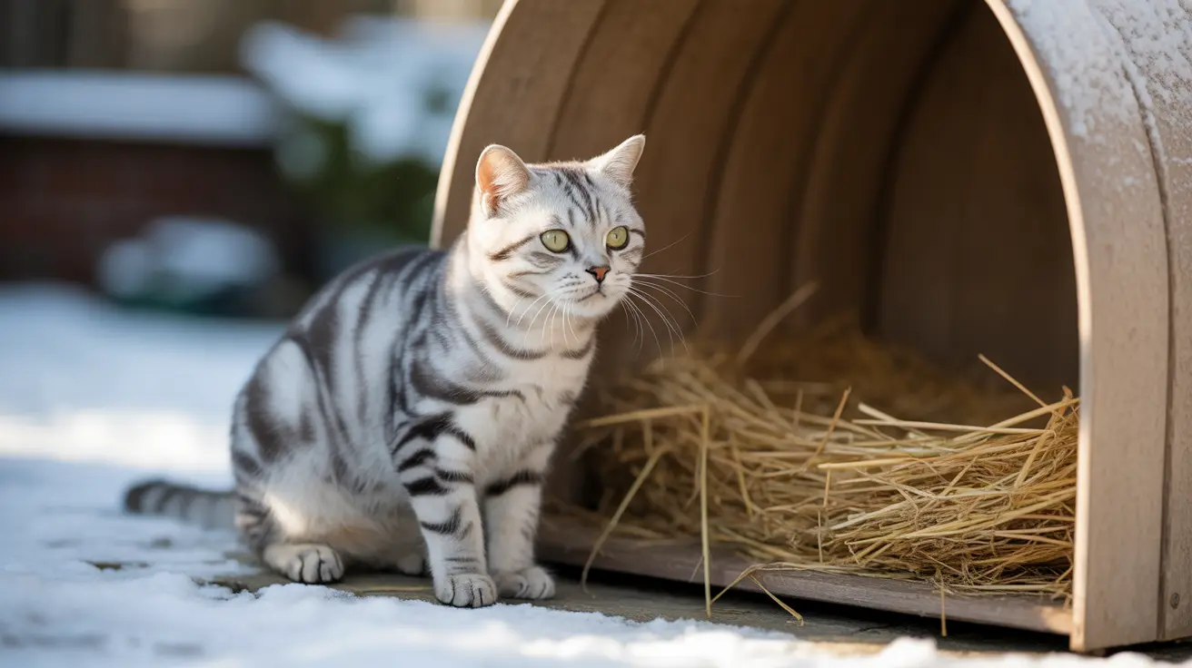 A silver tabby cat near a wooden shelter with straw bedding in the snow