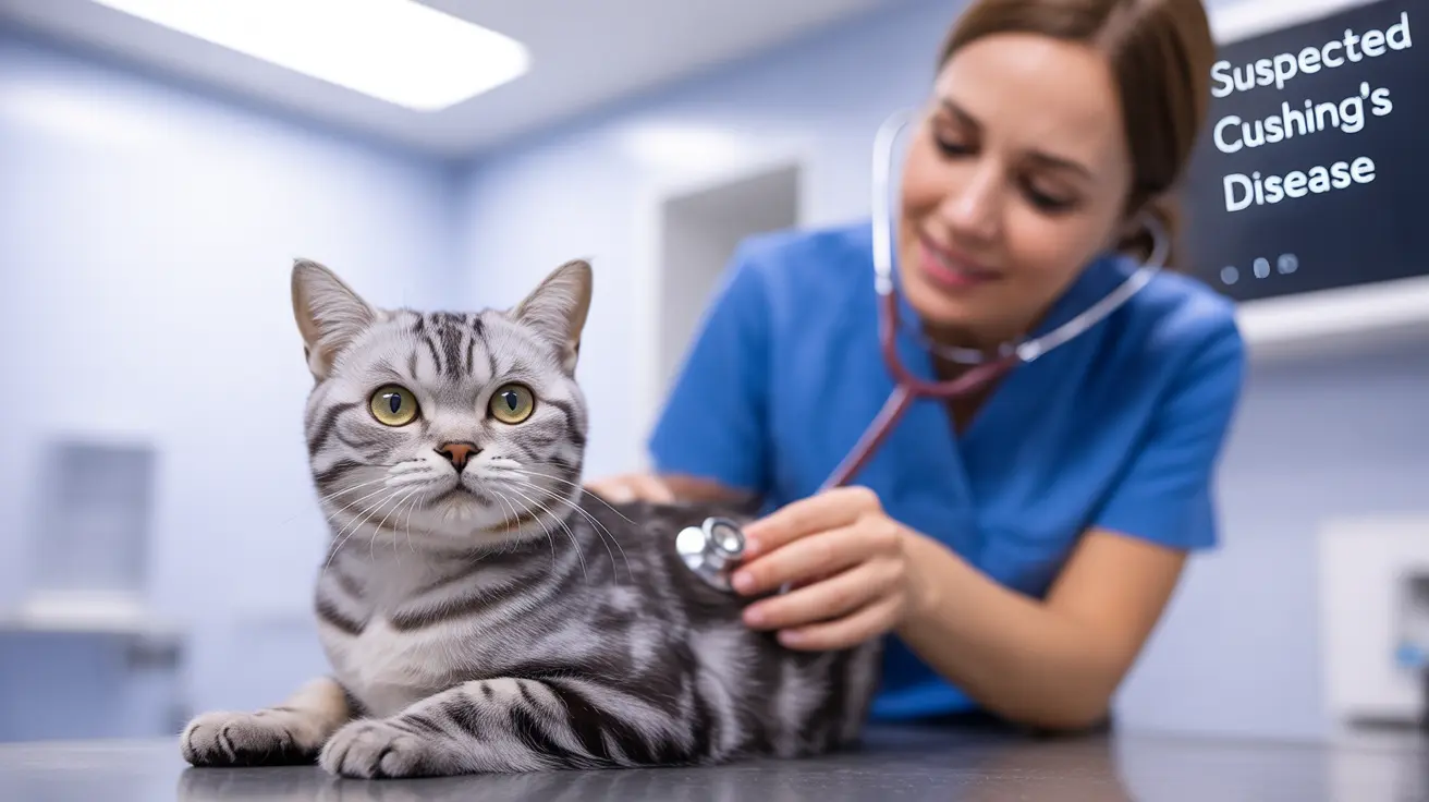 A silver tabby cat receiving a medical examination from a veterinary professional