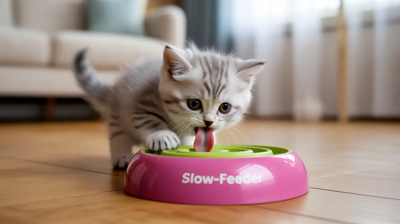 A silver tabby kitten attempting to eat from a pink and green slow-feeder bowl