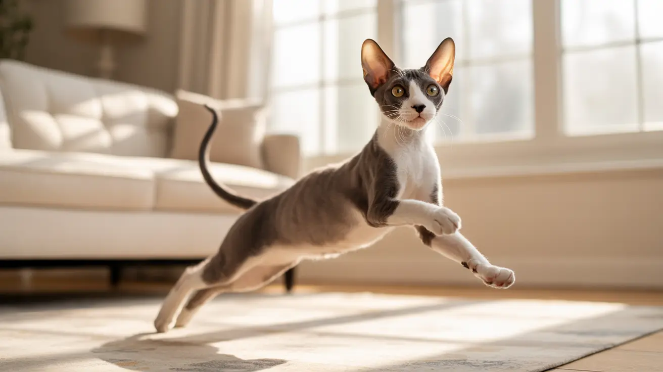 A playful Sphynx cat mid-leap across a sunlit living room floor