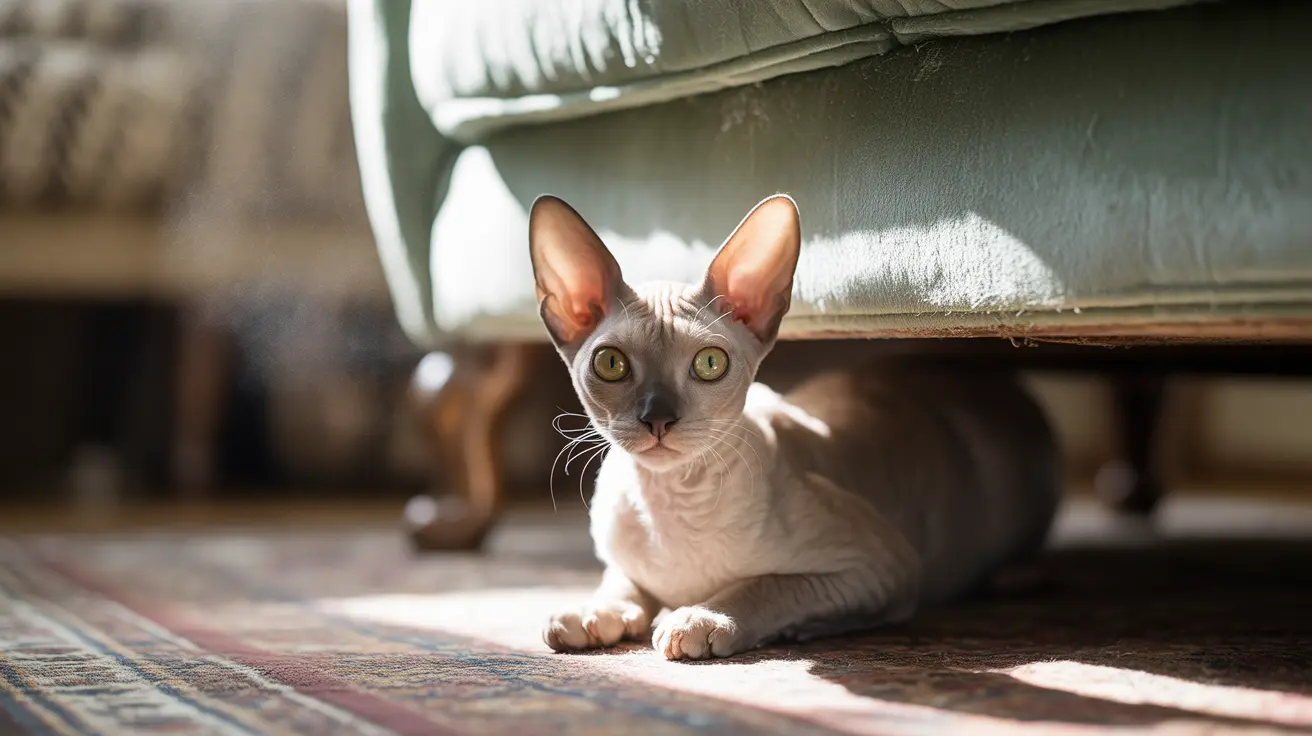 A hairless Sphynx cat sitting alertly on a patterned rug near a green couch
