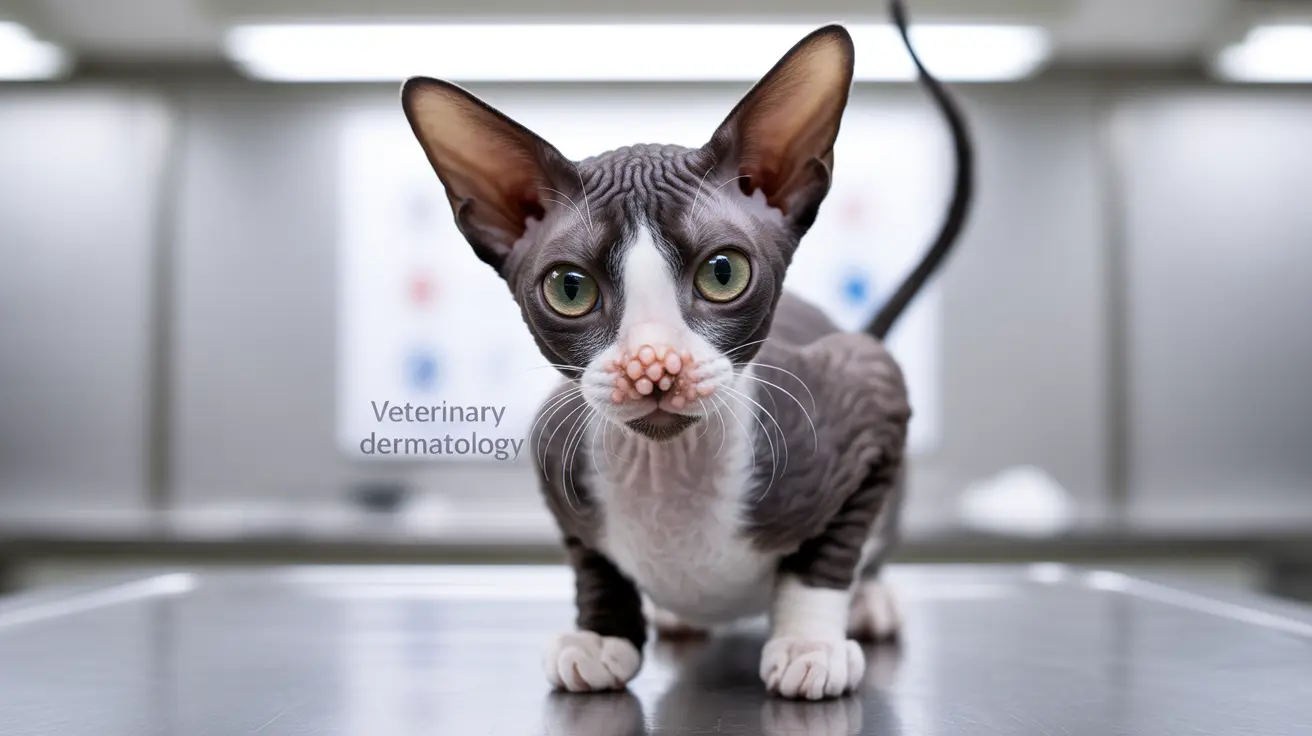 A hairless Sphynx cat sitting attentively on a veterinary examination table with distinctive wrinkled skin and large ears.