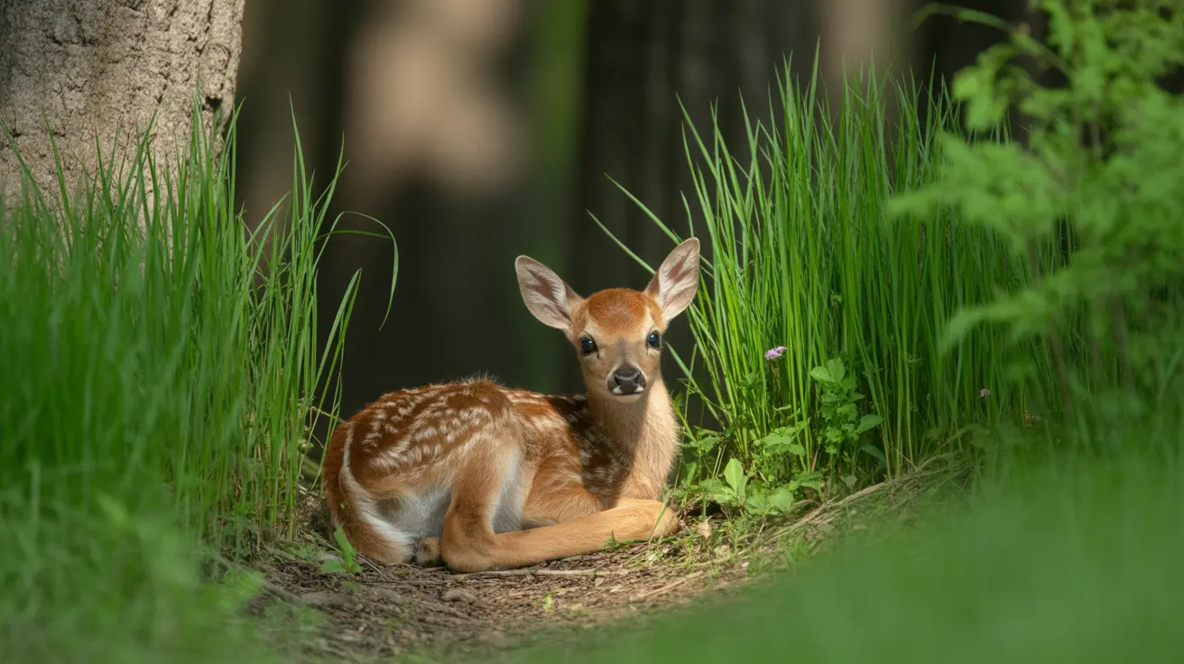 Baby deer fawn resting hidden in tall grass during spring