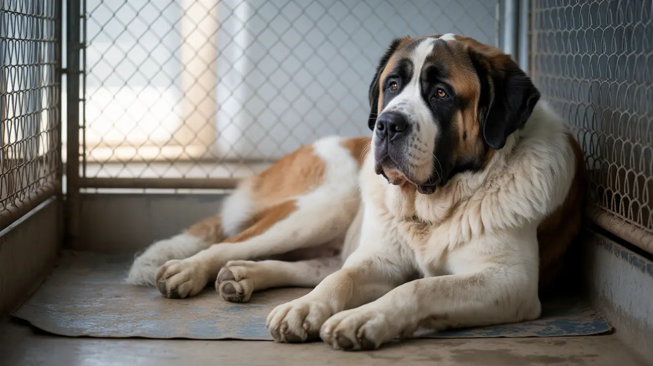 大型のセントバーナード犬がチェーンリンクフェンスの囲いの中のマットに横たわっている様子