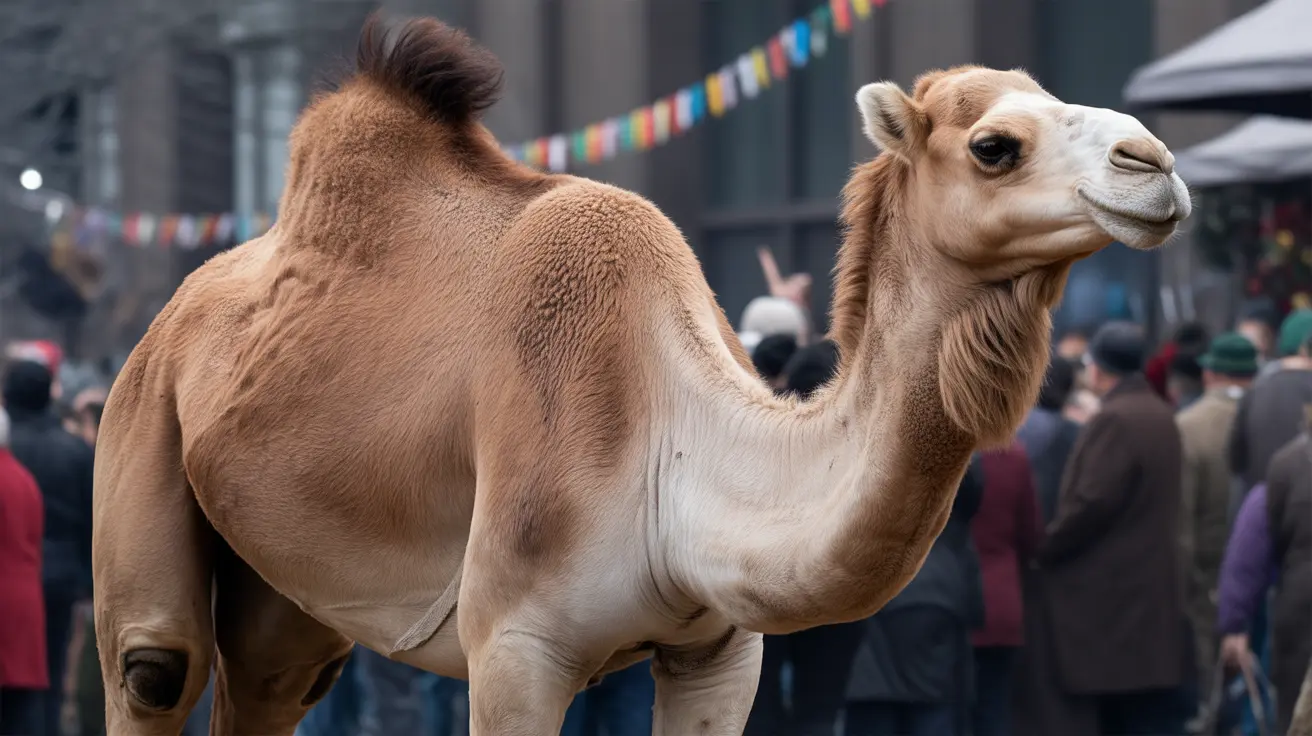 Camel at a church Christmas nativity display surrounded by visitors