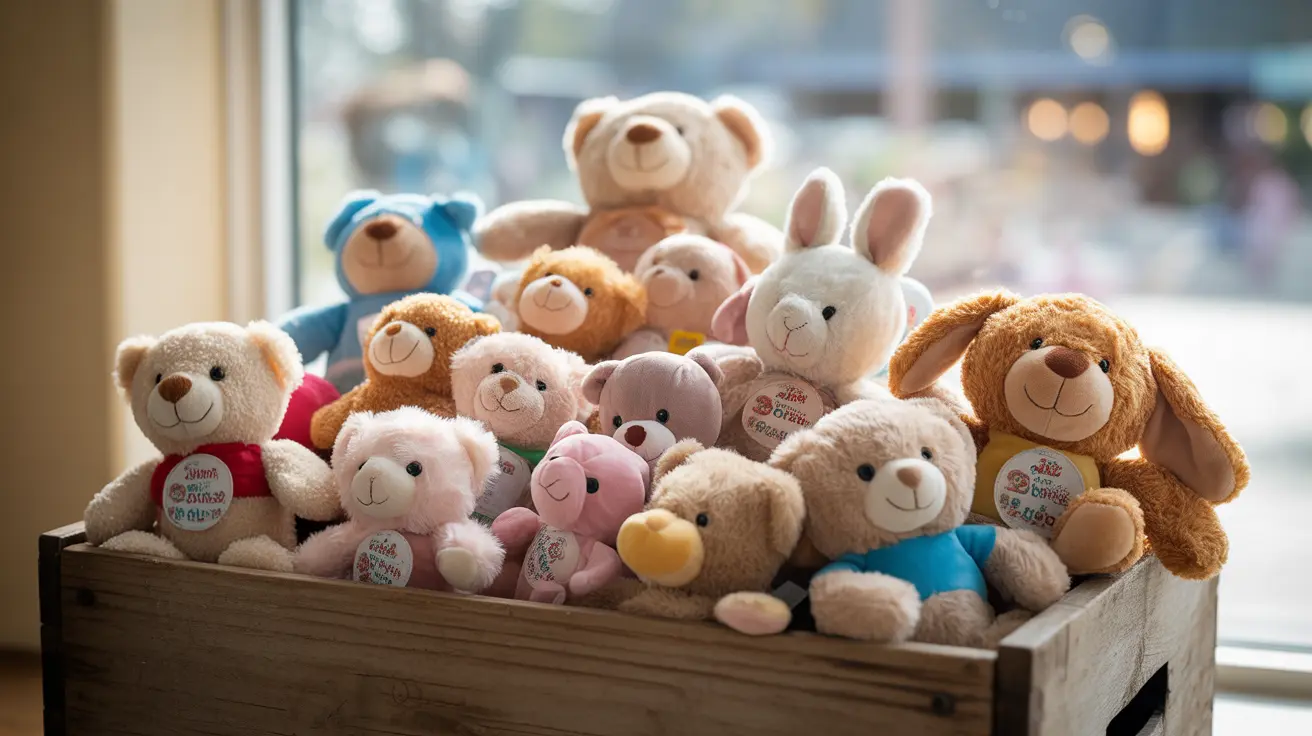 Una caja de madera llena de diversos peluches coloridos, incluidos osos de peluche, conejitos y otros juguetes de felpa, expuesta cerca de una ventana.