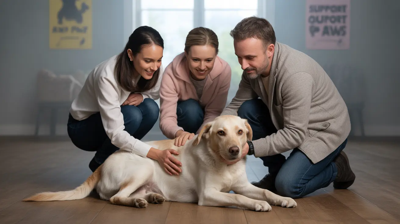 A rescue worker gently caring for a stray dog under a blue sky