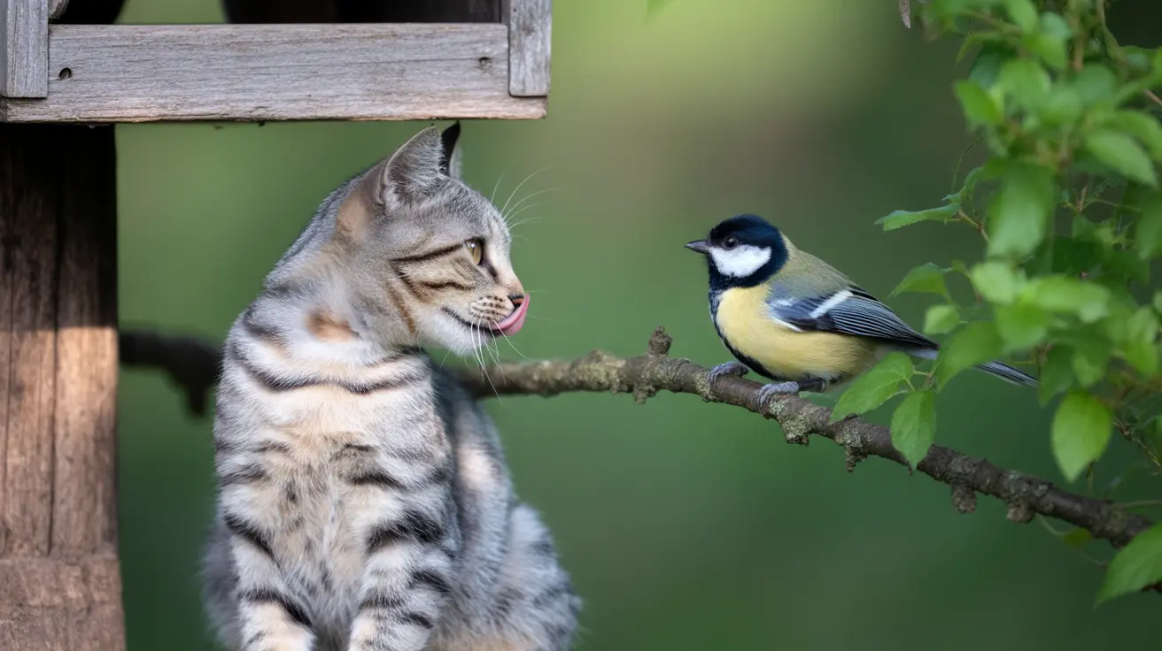 Un chat tigré avec la langue sortie assis près d'un poteau en bois tandis qu'un petit oiseau noir, blanc et jaune est perché sur une branche voisine.