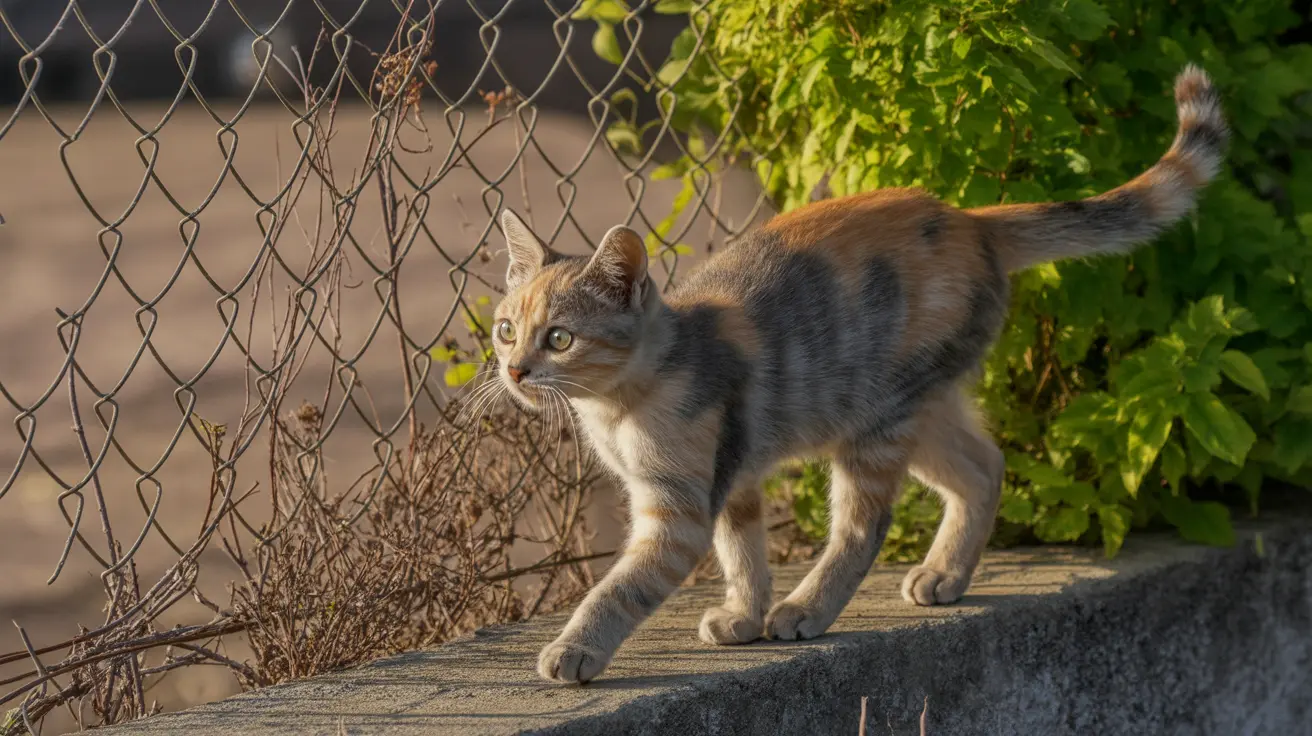 Stray cat roaming near a schoolyard with urban buildings in the background