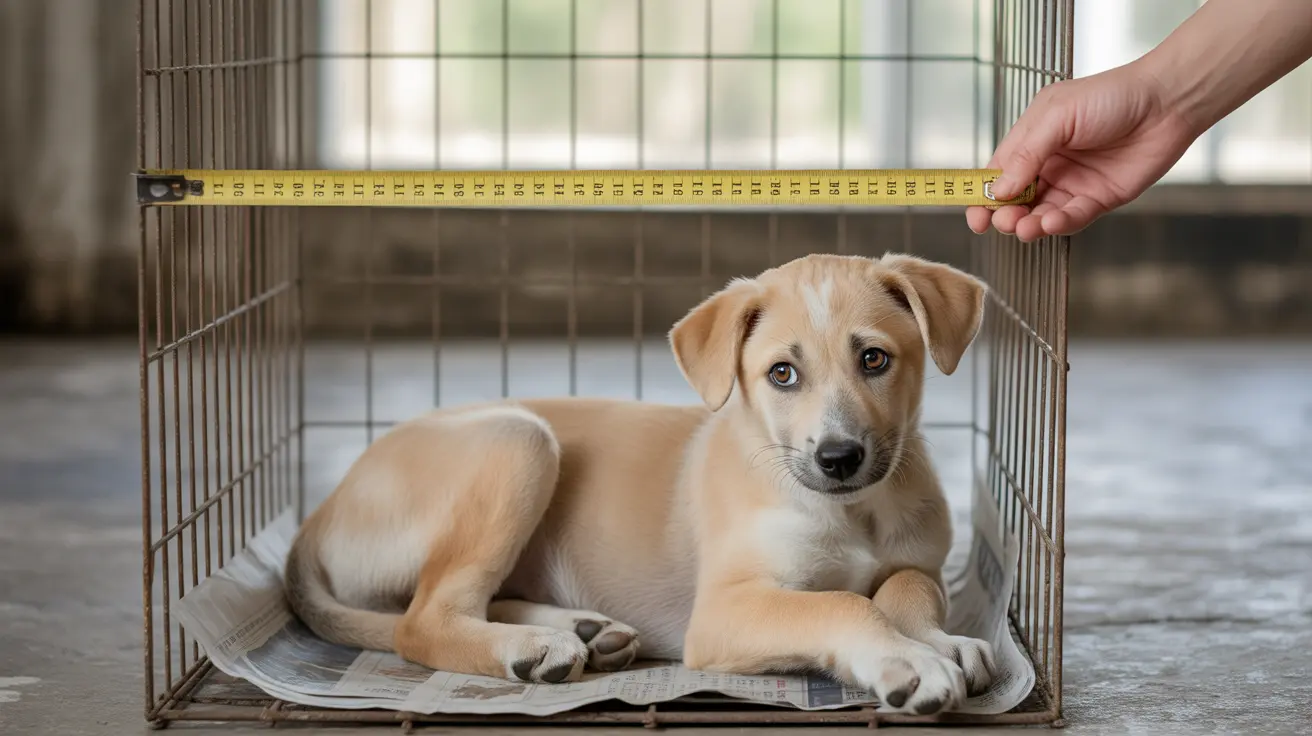 Un cachorro beige y blanco acostado dentro de una jaula de alambre mientras una mano humana sostiene una cinta métrica encima