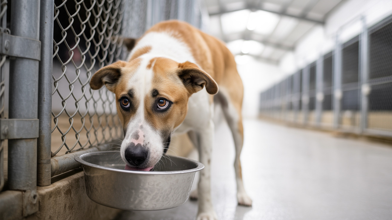 茶色と白のミックス犬が動物保護施設のケネル内で金属製の水飲み皿から水を飲んでいる様子