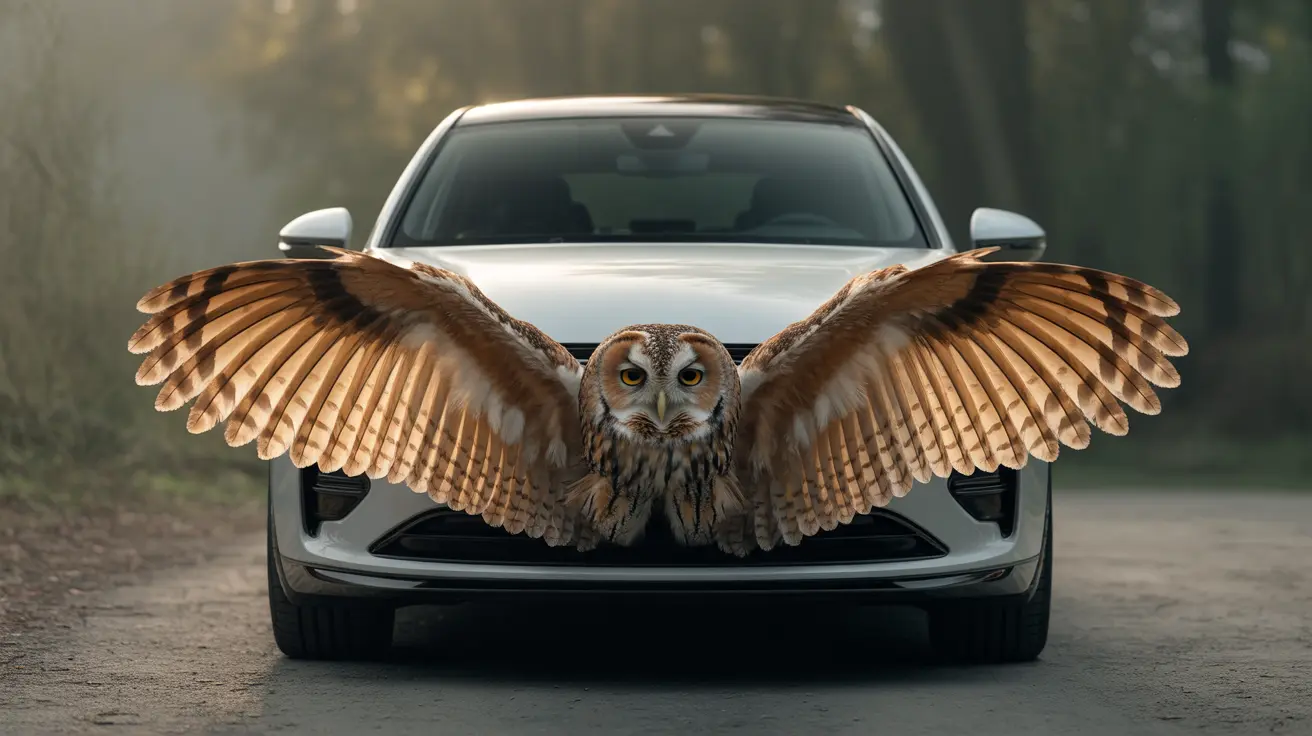 Un hibou brun avec les ailes déployées positionné devant une voiture argentée sur une route