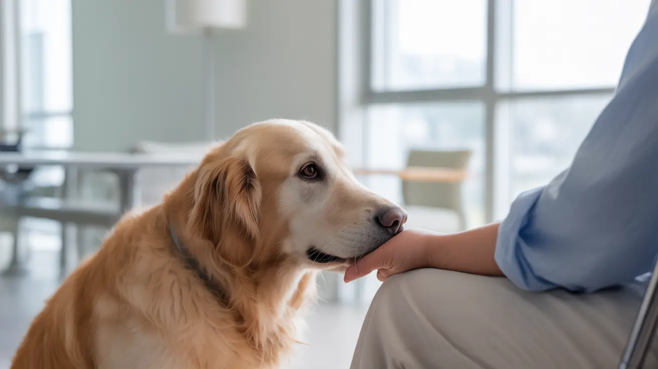 Therapy dog gently comforting a patient in a healthcare setting