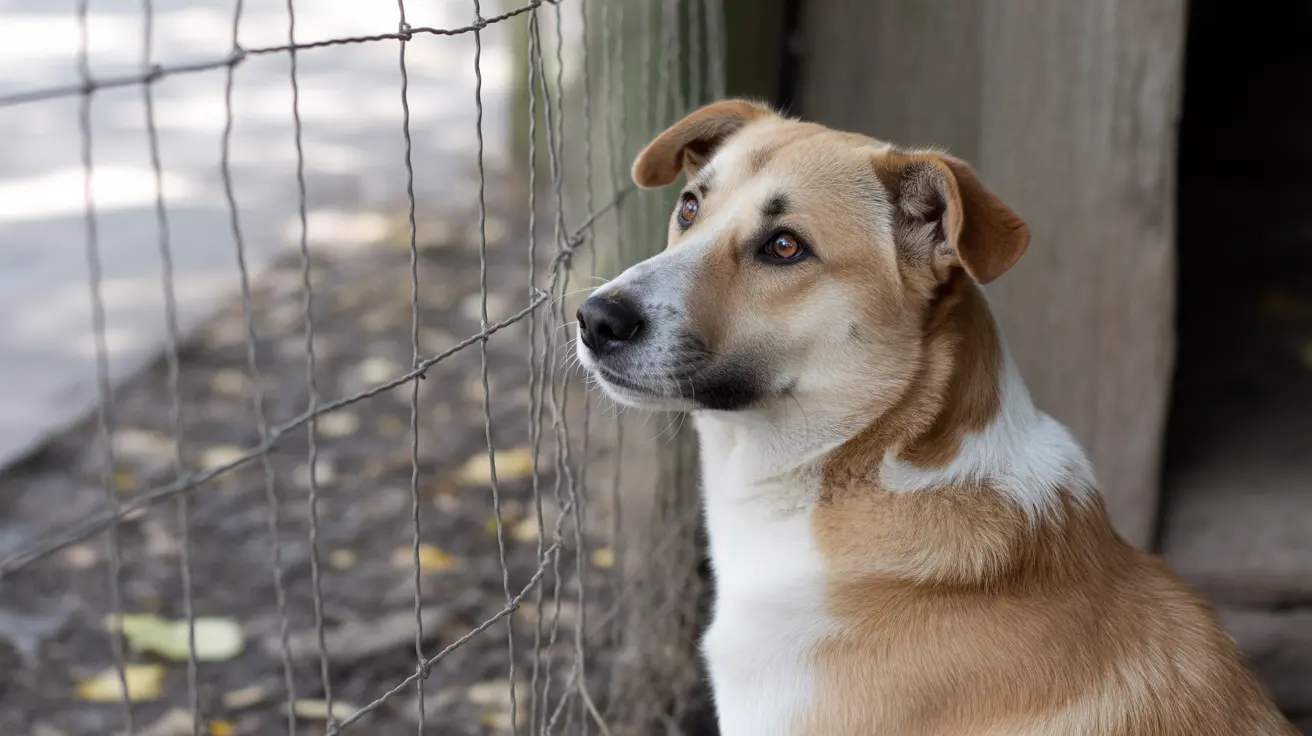 茶色と白の雑種犬がチェーンリンクフェンス越しに座り、遠くを思慮深く見つめている様子