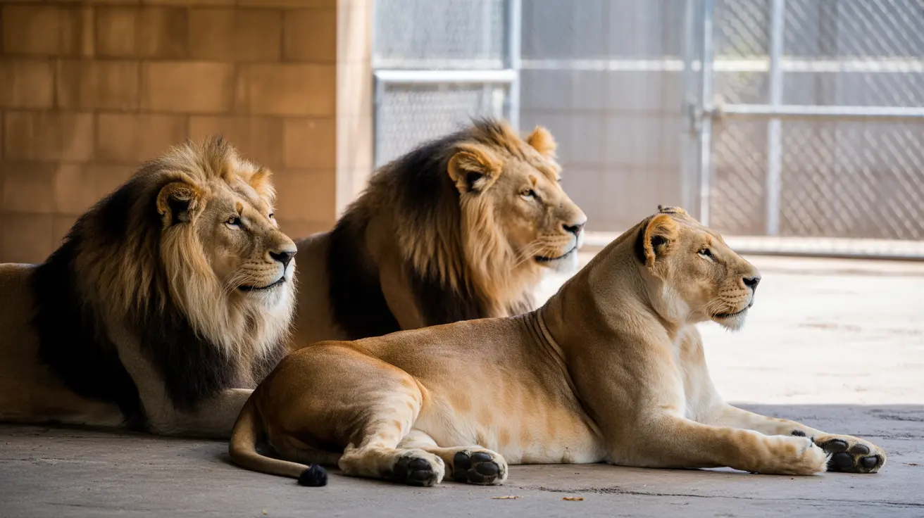 A group of rescued lions, tigers, and lemurs at In-Sync Exotics sanctuary