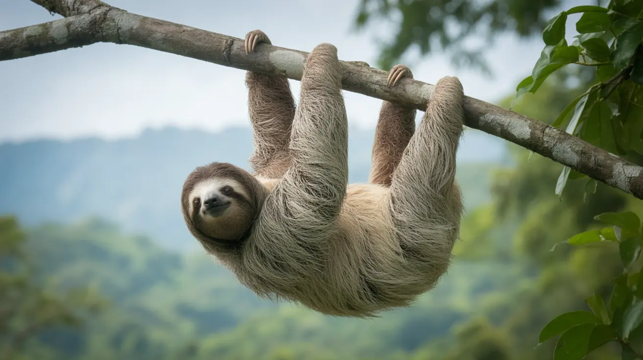 熱帯雨林の環境で木の枝から逆さまにぶら下がっているナマケモノ