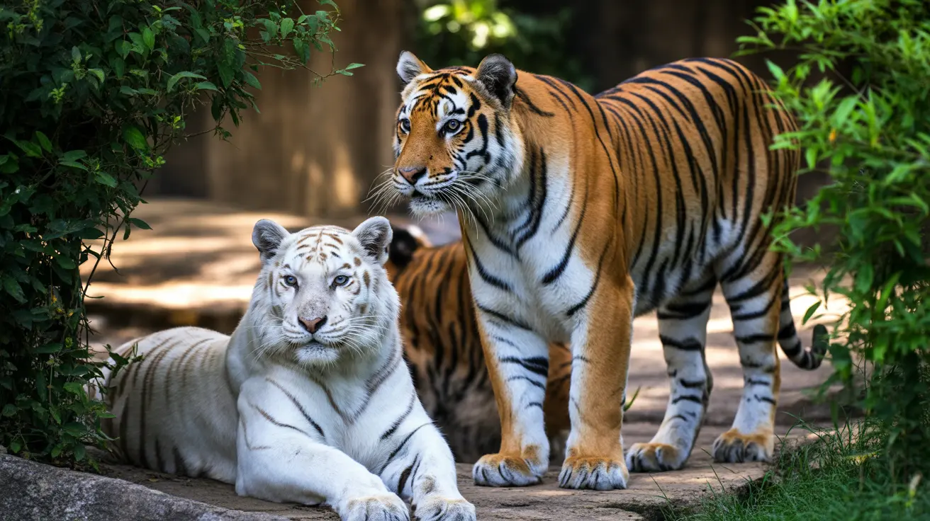 白いトラとベンガルトラが青々とした緑豊かな環境で一緒に座っている様子