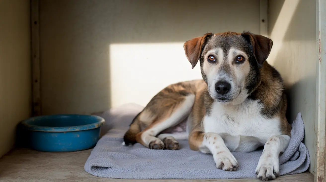 紫色の毛布の上に横たわる茶色と白の雑種犬、避難所または犬舎の様子