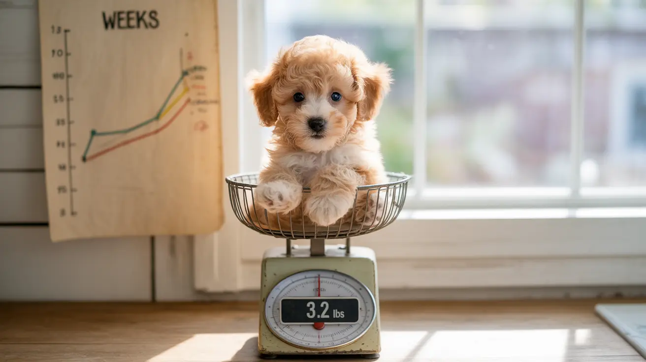 A fluffy, adorable puppy sitting in a wire basket on an old-fashioned kitchen scale, weighing 3.2 pounds.