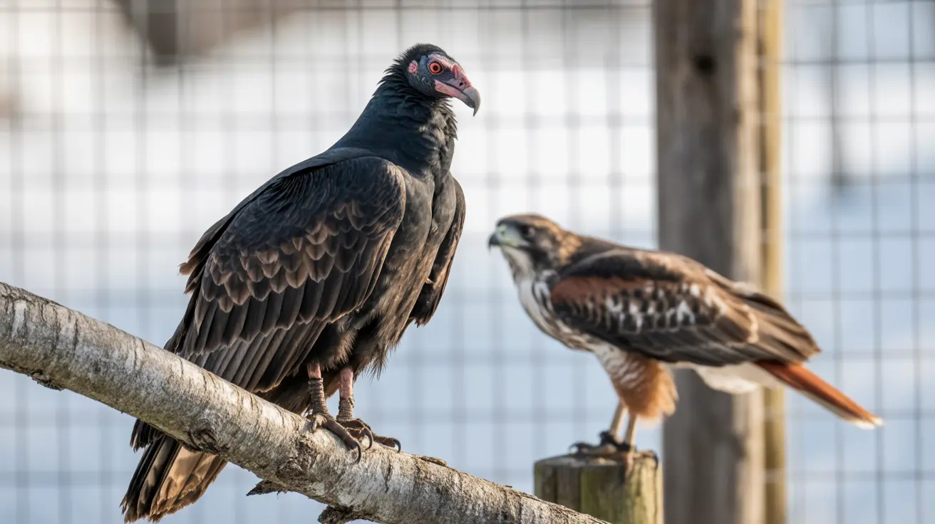 Dos grandes aves rapaces posadas en estructuras de madera, un buitre en primer plano y un halcón o rapaz similar en el fondo