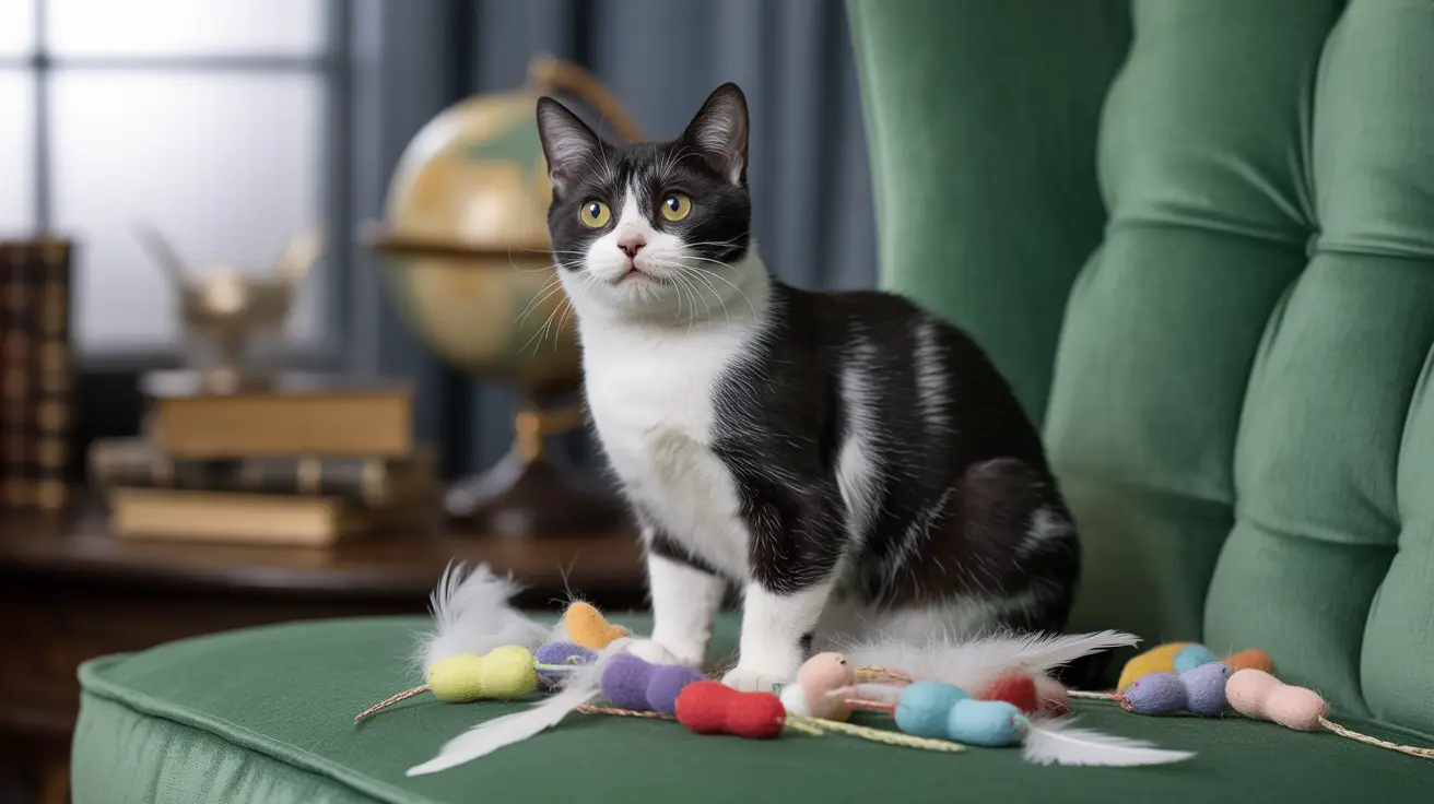 Black and white tuxedo cat sitting alertly on a green chair surrounded by colorful toy mice