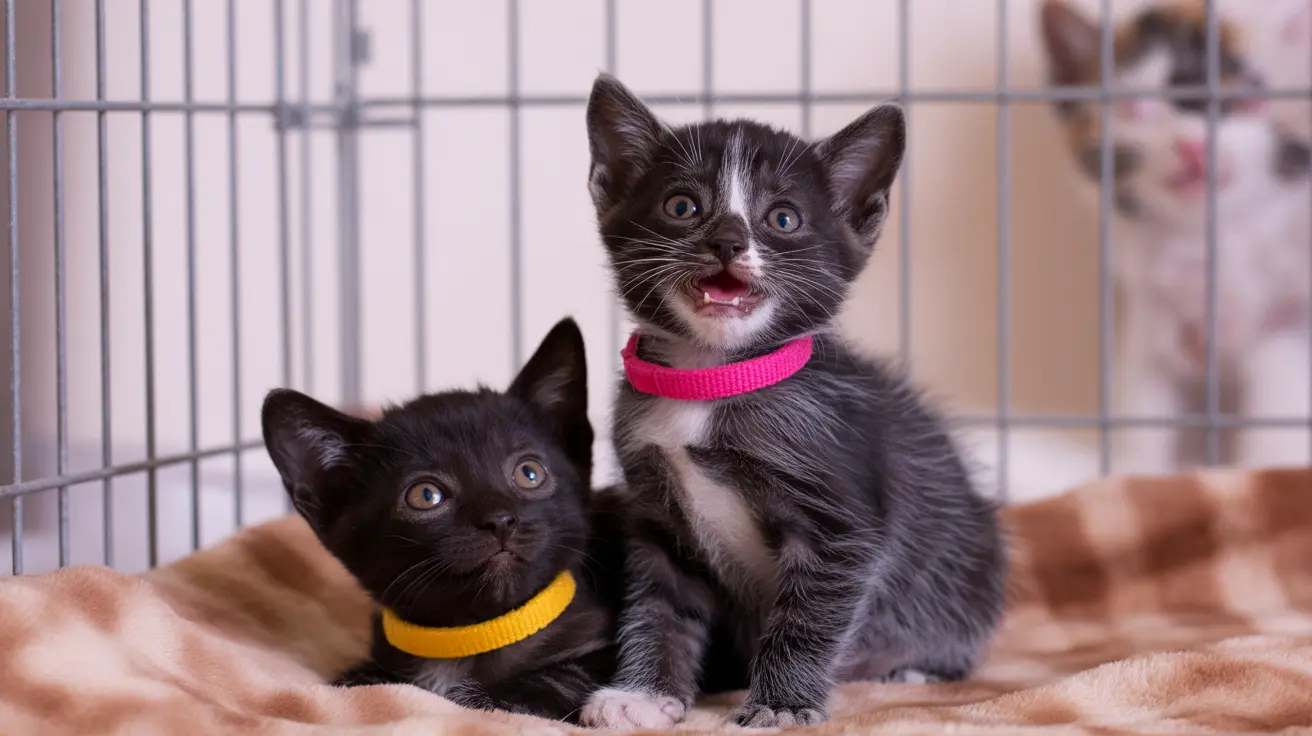 Deux chatons jeunes assis ensemble dans une cage en fil métallique, un chaton noir avec un collier jaune et un chaton noir et blanc avec un collier rose