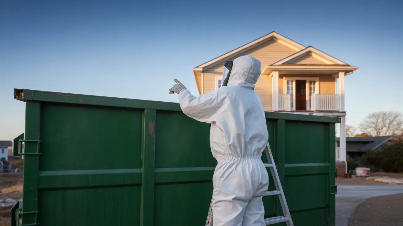 Une personne en combinaison de protection blanche et capuche pointant du doigt sur une échelle près d'une grande benne verte avec une maison en arrière-plan