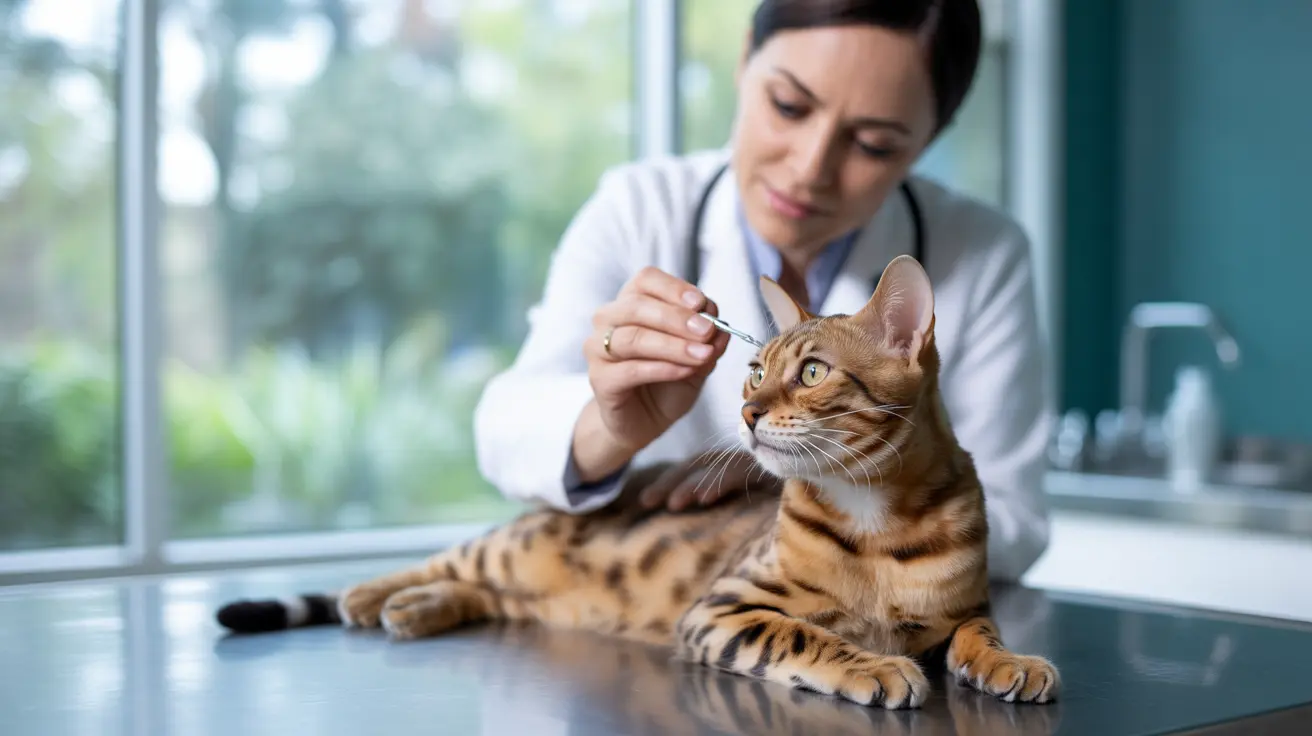 A veterinarian examining a Bengal cat during a medical checkup in a clinical setting