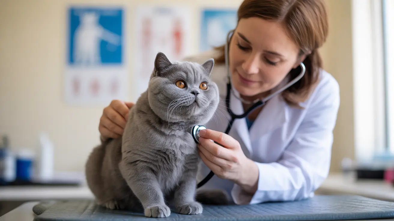 A veterinarian examining a gray British Shorthair cat during a medical check-up
