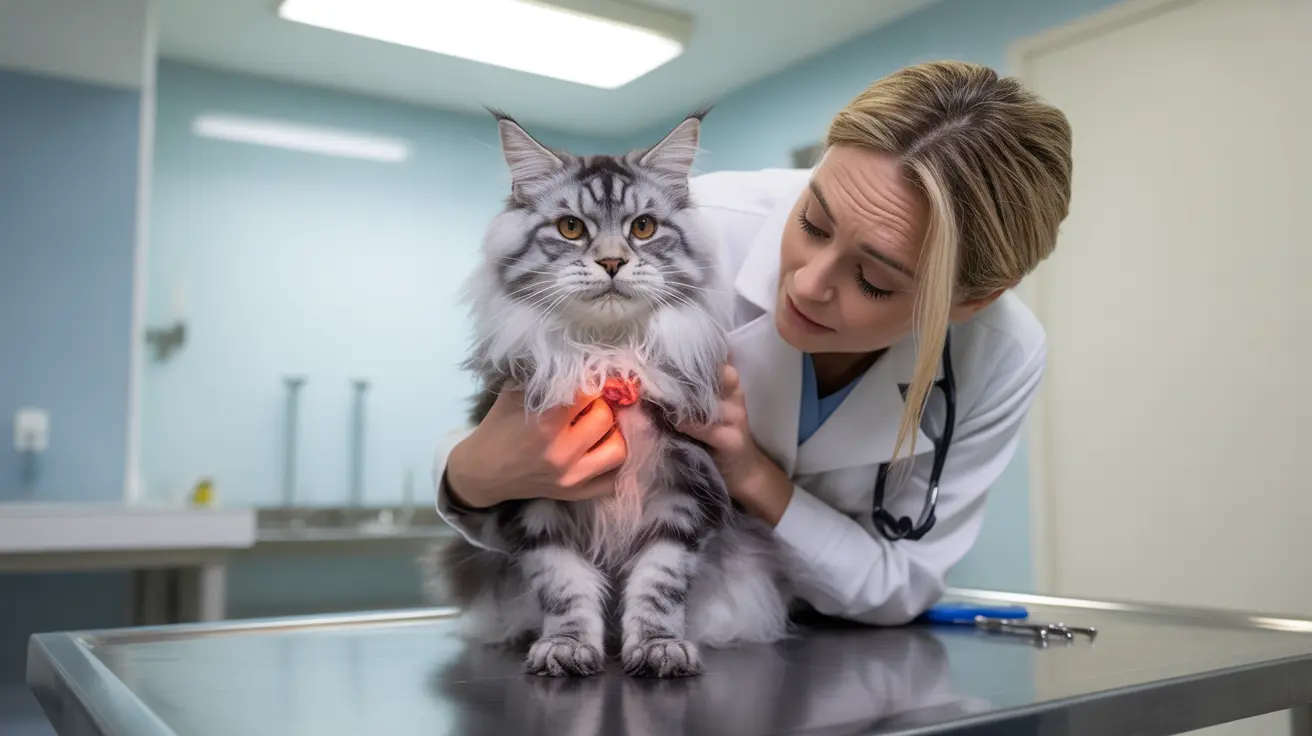 Veterinarian examining a large, fluffy gray and white cat with a glowing light on its chest during a medical checkup.