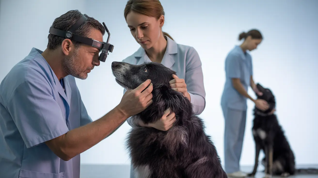 Dos veterinarios examinando un perro negro y gris en una clínica veterinaria moderna mientras otro empleado atiende a un segundo perro en el fondo