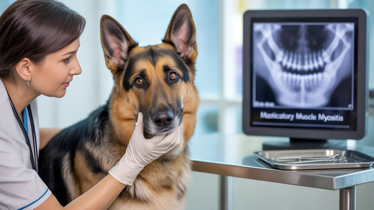 A veterinarian examines a German Shepherd in a medical clinic, with a dental X-ray screen displaying a diagnosis of Masticatory Muscle Myositis