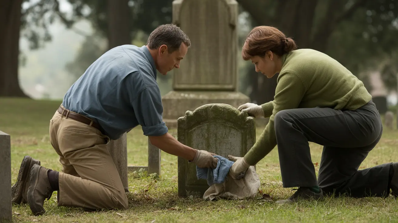 二人の人物が墓地で風化した墓石のそばにひざまずき、布で丁寧に清掃または手入れをしている様子