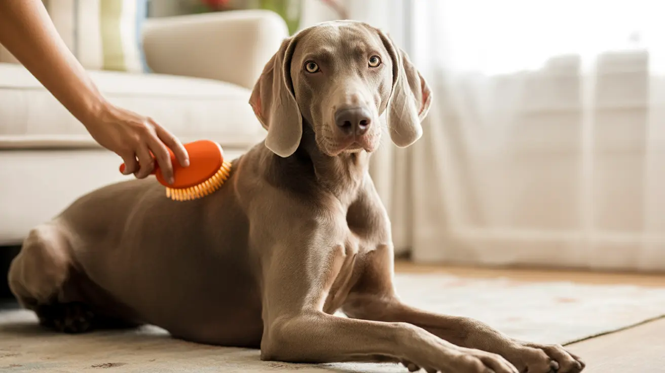 A calm Weimaraner dog being groomed with an orange brush at home