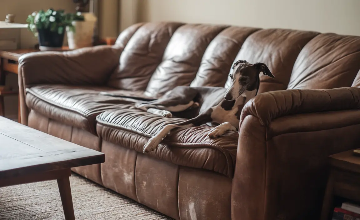 A serene Greyhound lounges on a plush sofa, its sleek body stretched out as it enjoys a peaceful nap in the quiet afternoon.