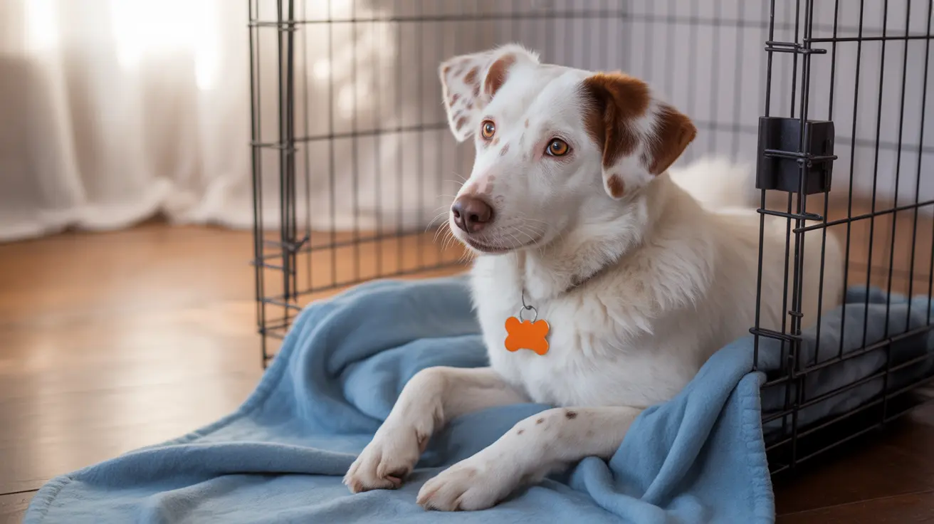 白い毛に茶色の模様がある犬が屋内のケージ内で青い毛布の上に横たわっている様子