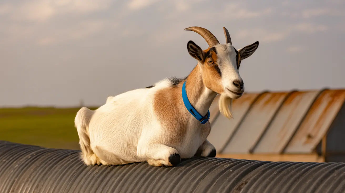 角と青い首輪をつけたヤギが夕暮れ時の波板金属屋根の上で休んでいる様子