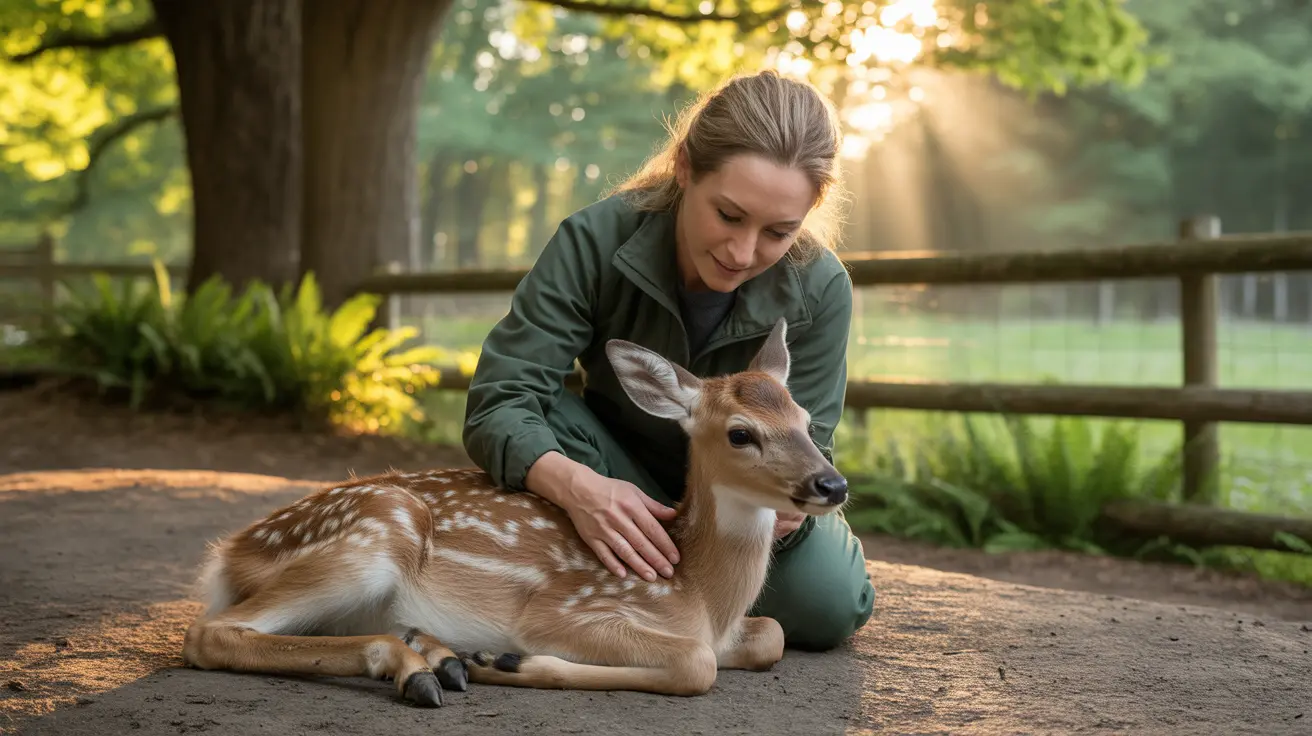 Mujer vestida de verde acariciando suavemente a un cervatillo manchado mientras está de rodillas en una plataforma de madera bajo la luz dorada del sol