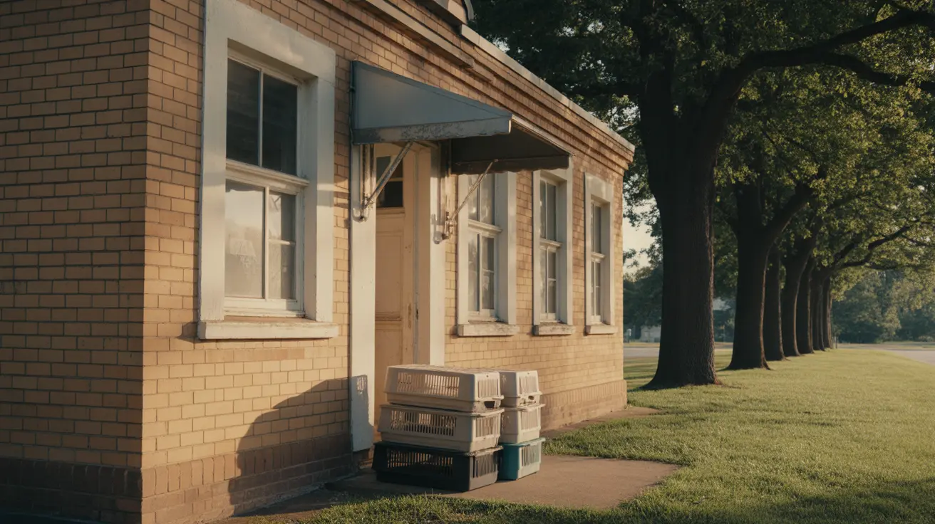 白枠の窓と覆いのある入口が特徴のレンガ造り建物の外観。建物は木々に囲まれた公園近くに位置し、周辺にペットキャリーが複数積まれている様子。