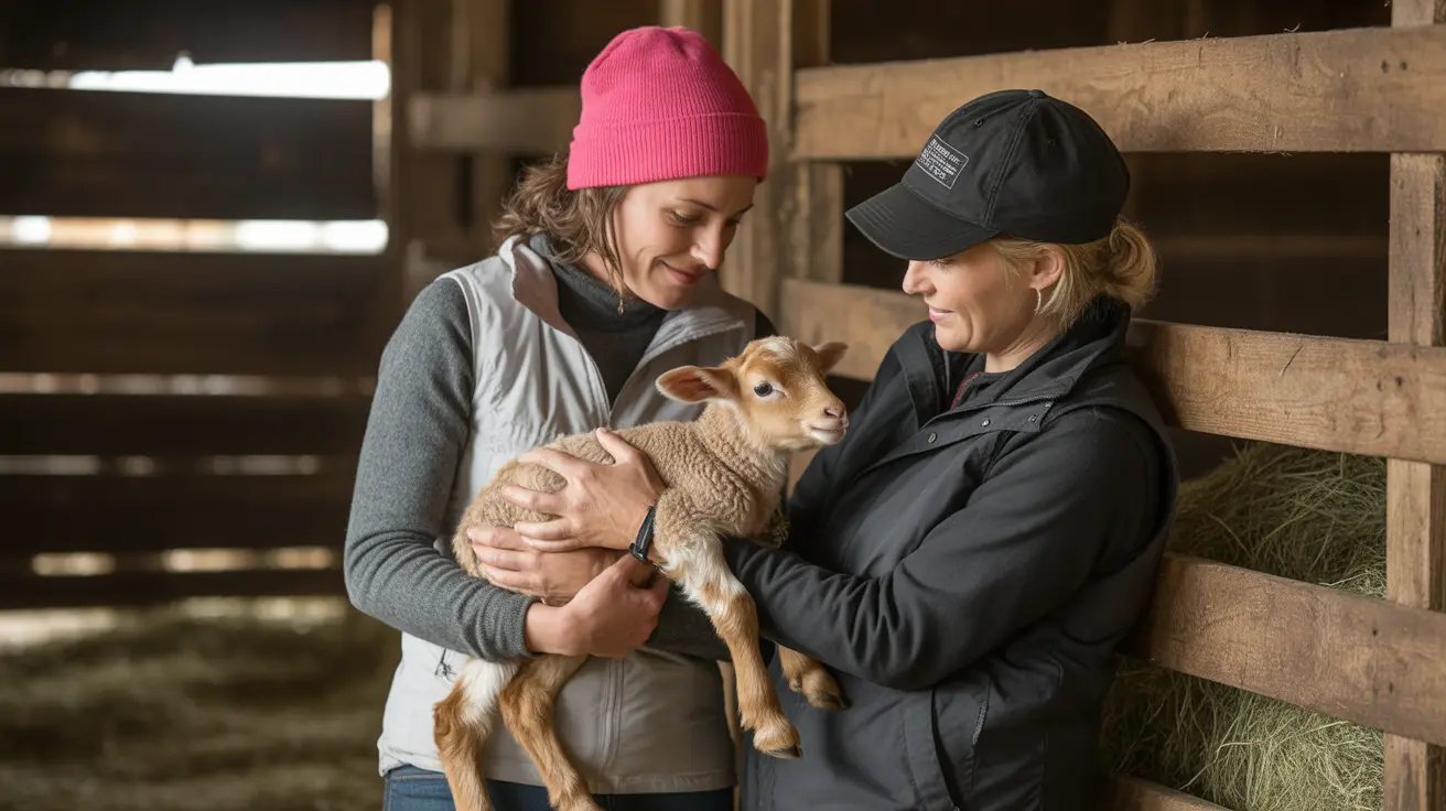 Dos mujeres con ropa de invierno sosteniendo y cuidando suavemente a una cabrita joven en un ambiente rústico de granero