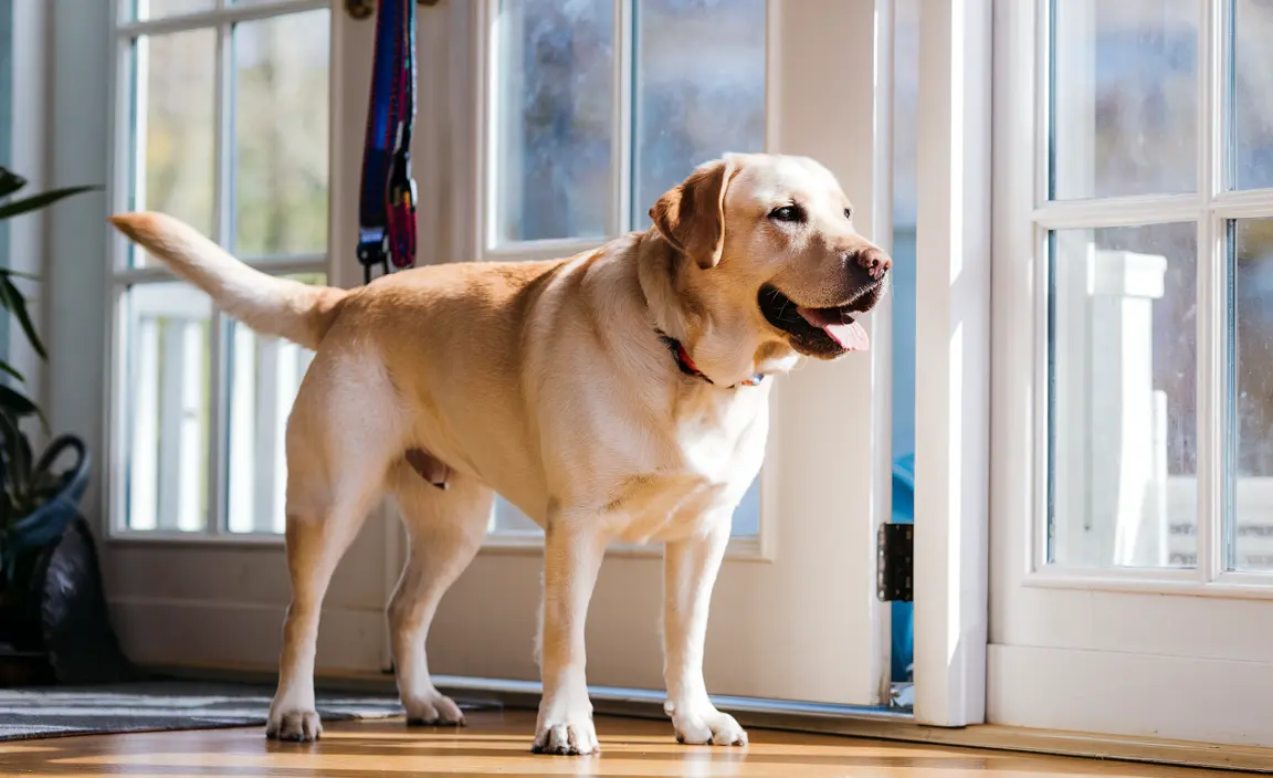 A playful Labrador Retriever eagerly waiting by the door for its daily walk, sunlight glinting on its coat.