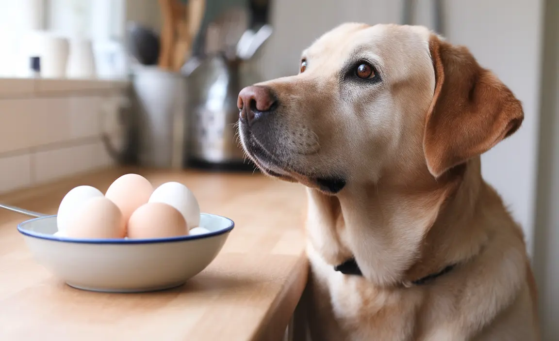 A curious Labrador Retriever looking up at a bowl of cooked eggs on a kitchen counter.