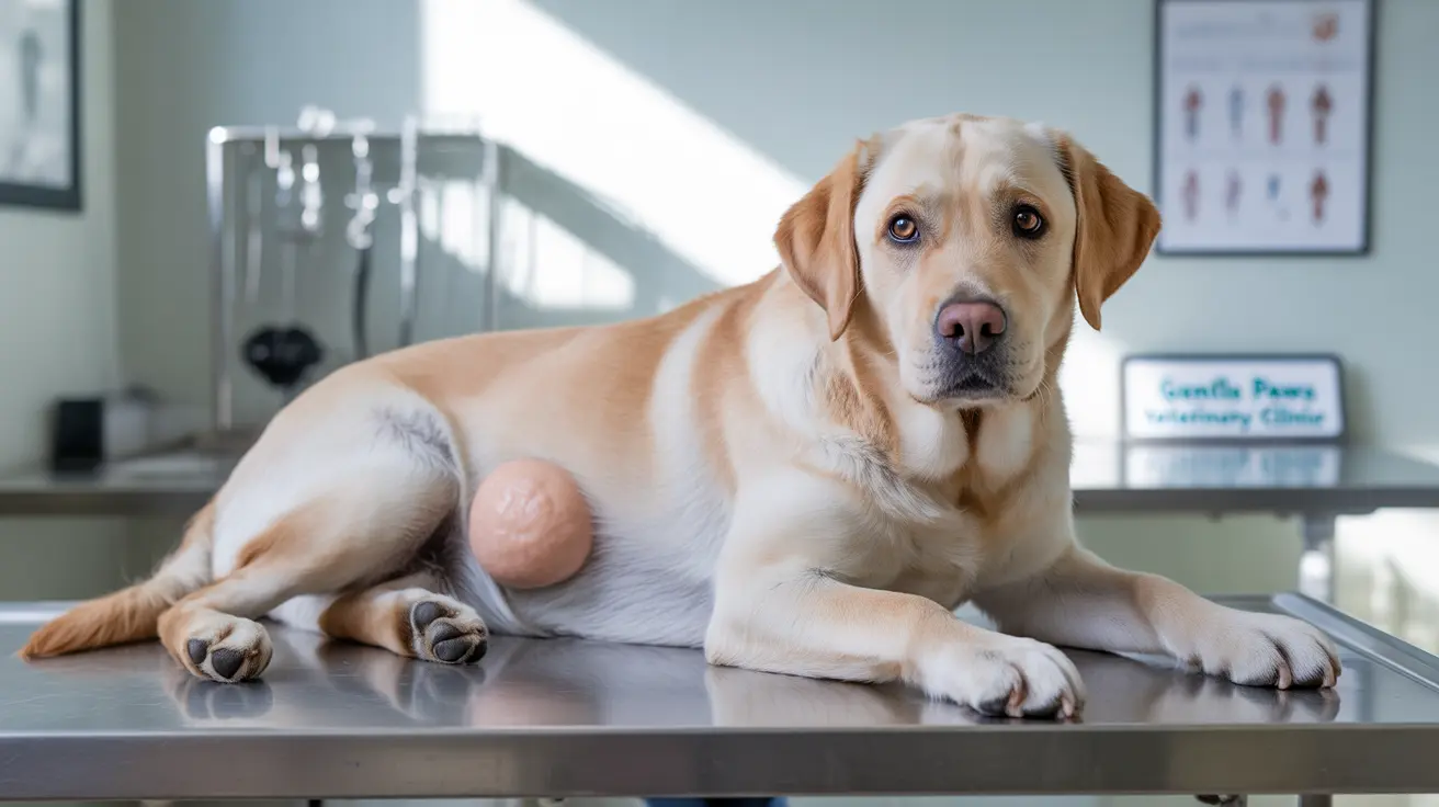 Yellow Labrador Retriever on vet exam table with visible tumor